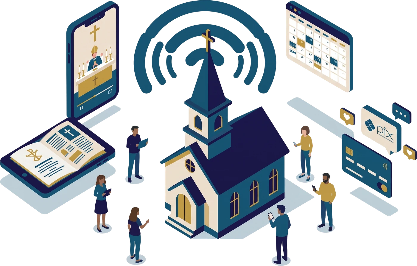 Ilustração isométrica: igreja transmitindo a missa ao vivo, com folheto digital, agenda e dízimo online conectando a comunidade
